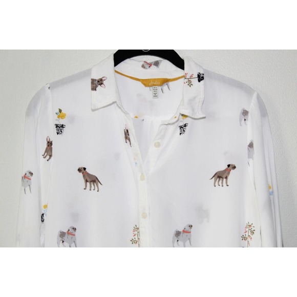 Joules Elvina Dog Print Button Up Shirt White Blouse LS Women's Size 2 H13483 - Picture 4 of 14